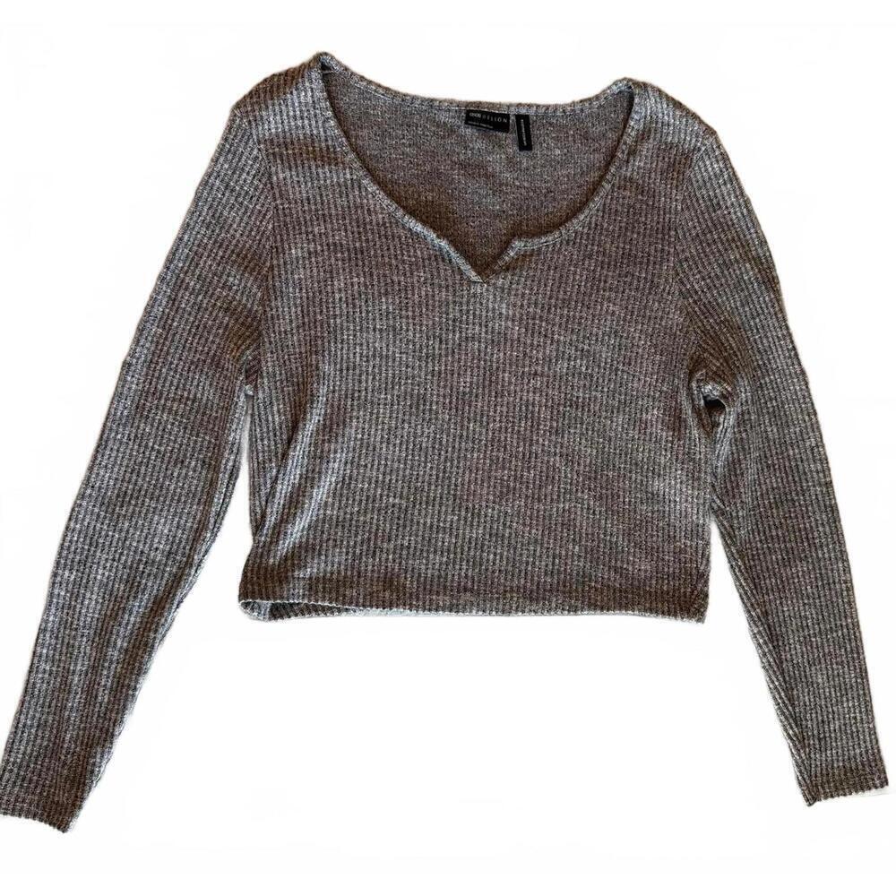 EUC ASOS DESIGN Long Sleeve Ribbed Top with Notch Detail in Gray Heather Size 14